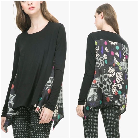Desigual Tops - Desigual Sadie Ling Sleeve Tee Asymmetrical Hemline